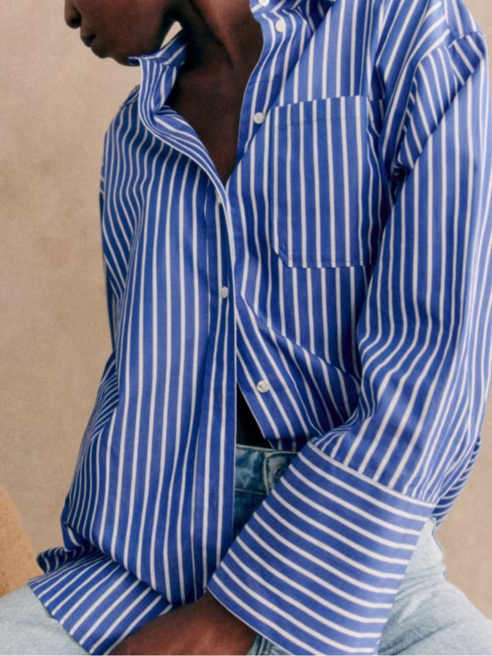 Sézane Blue and White Striped Button-Down Shirt